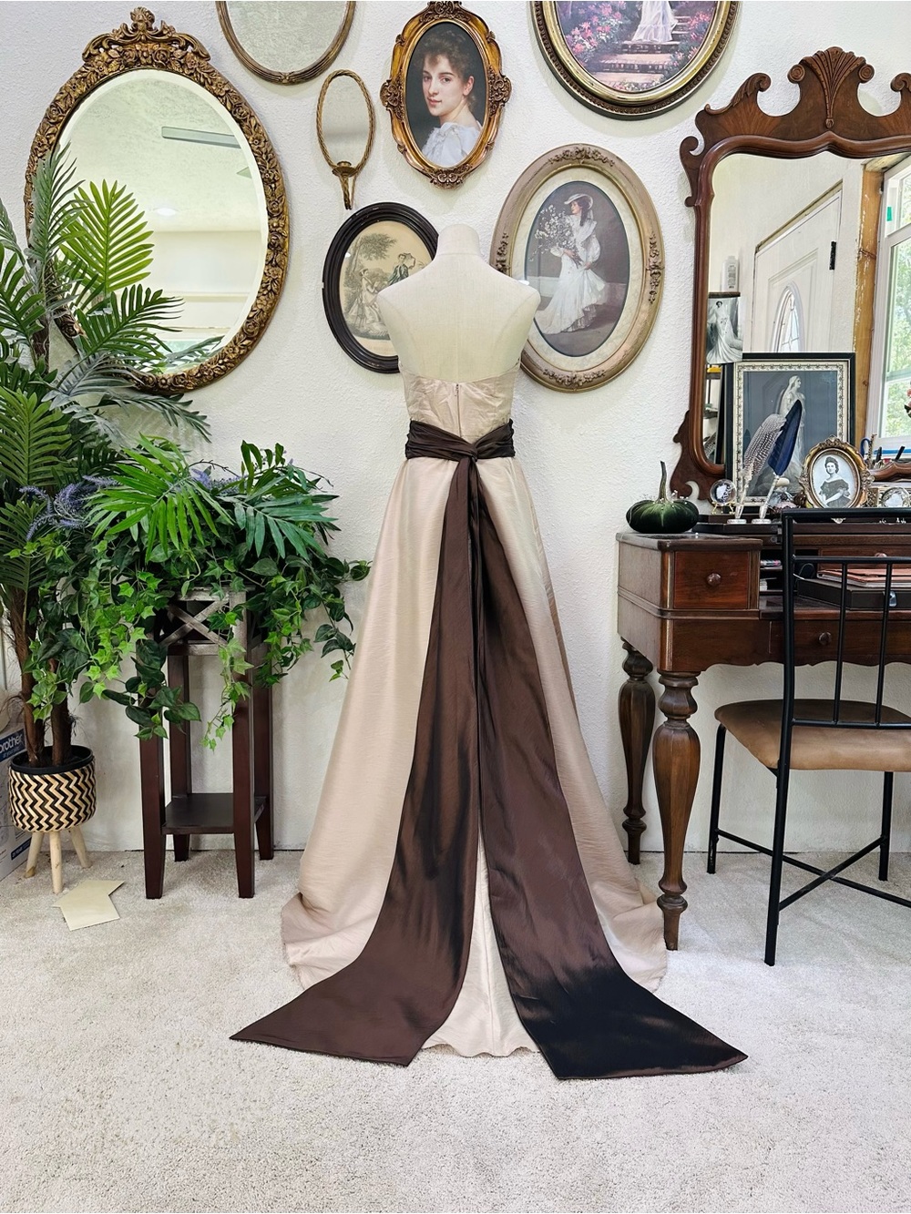 Bill Levkoff Strapless Two-Tone Cream and Brown Satin Gown